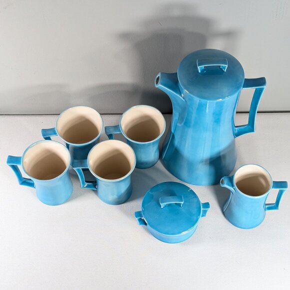 *NOT PERFECT* Turquoise Blue coffee set for 4, hand made ceramic coffee service - Picture 3 of 16